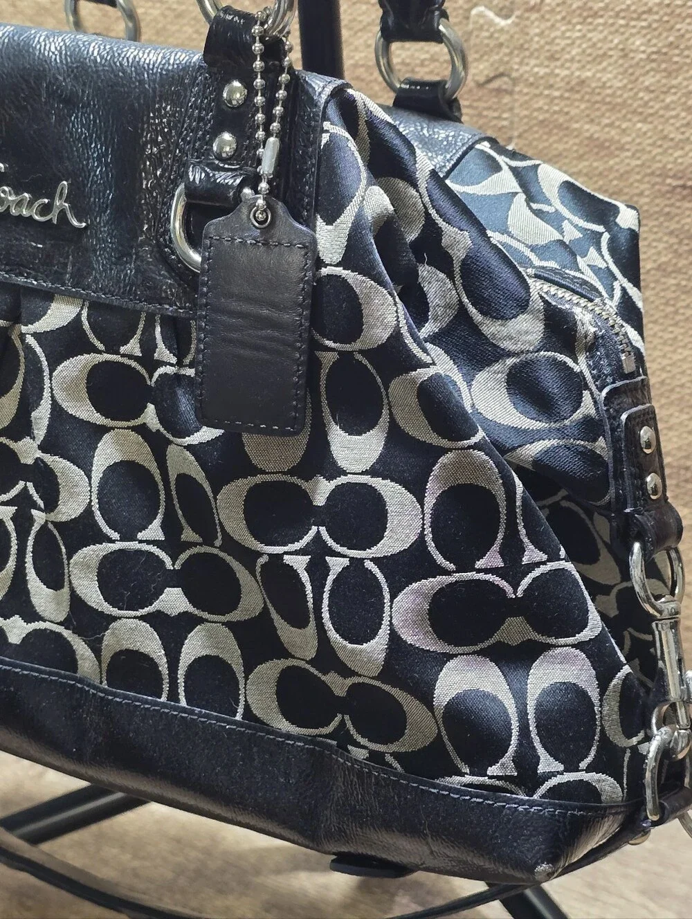 Coach Signature bag Monogram Black Leather Canvas Ashley F15440 Large Satchel